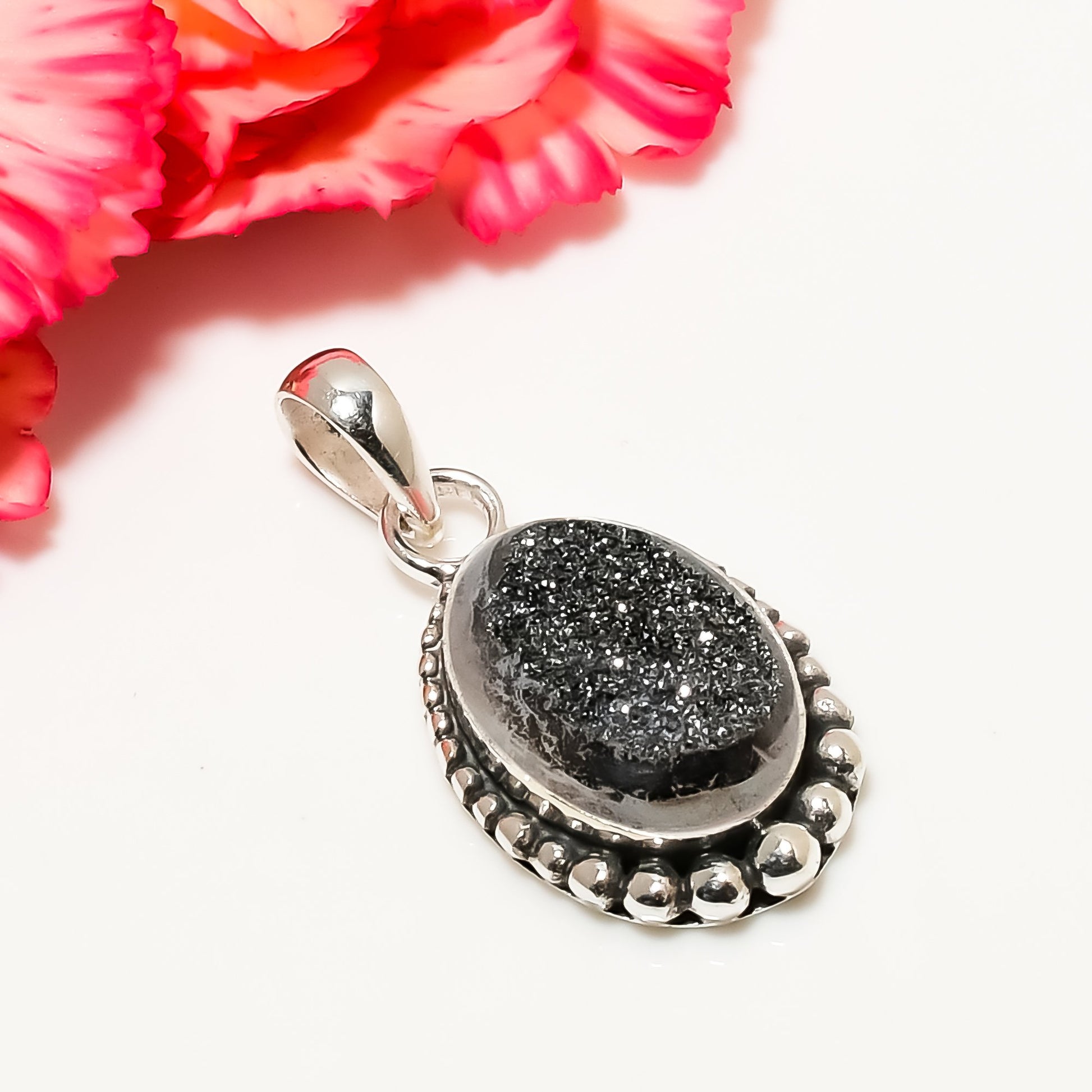 "Titanium Druzy Agate Pendant | 925 Sterling Silver Necklace"