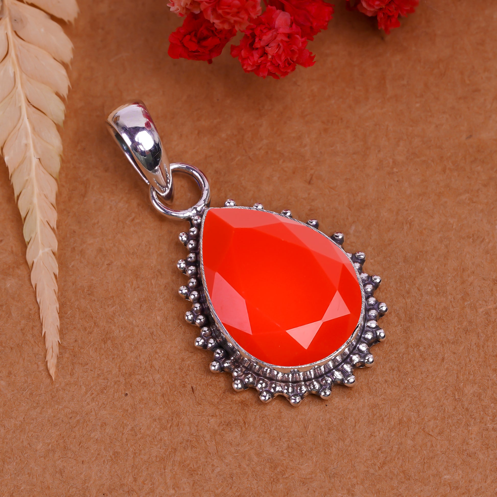 "Coral Pendant | 925 Sterling Silver | Red Gemstone Necklace"