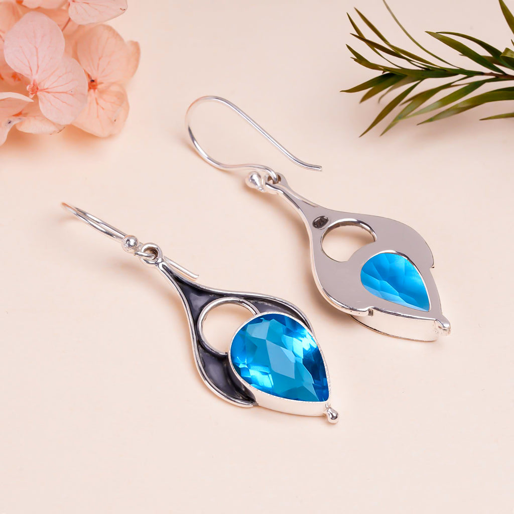 "Blue Topaz Earrings 925 Sterling Silver | Natural Gemstone Dangle Jewelry"