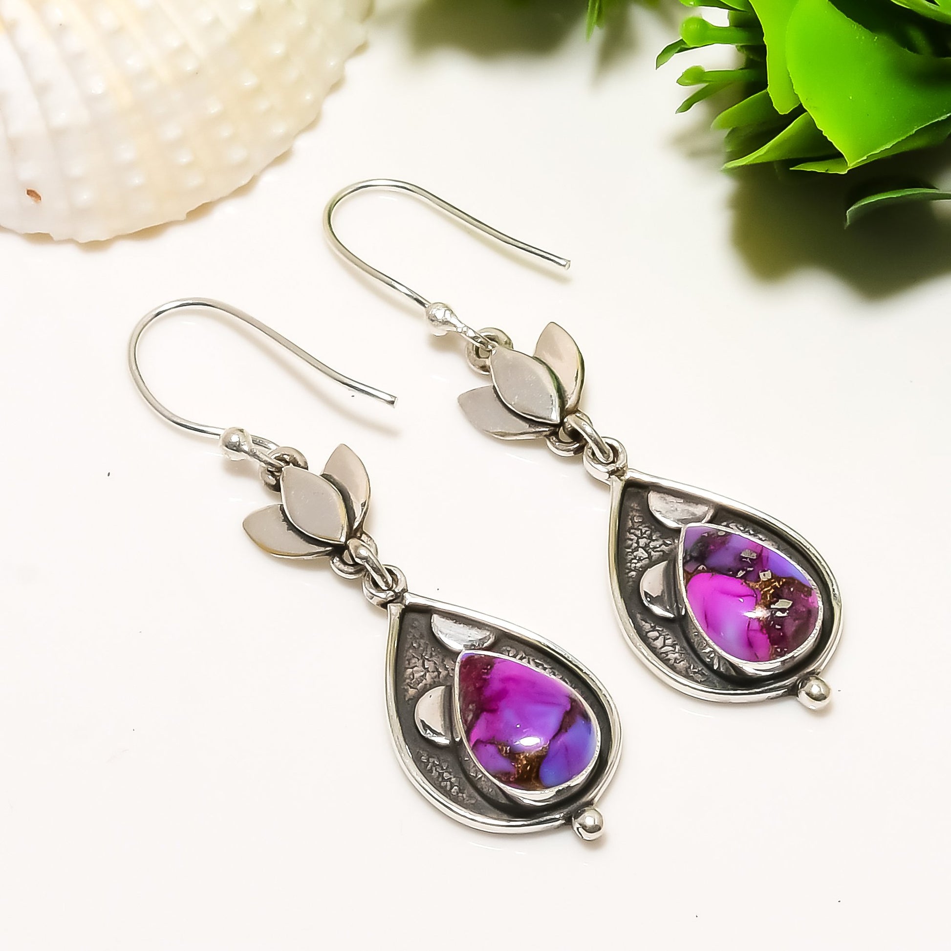 "Copper Purple Turquoise Earrings 925 Sterling Silver | Boho Gemstone Jewelry"