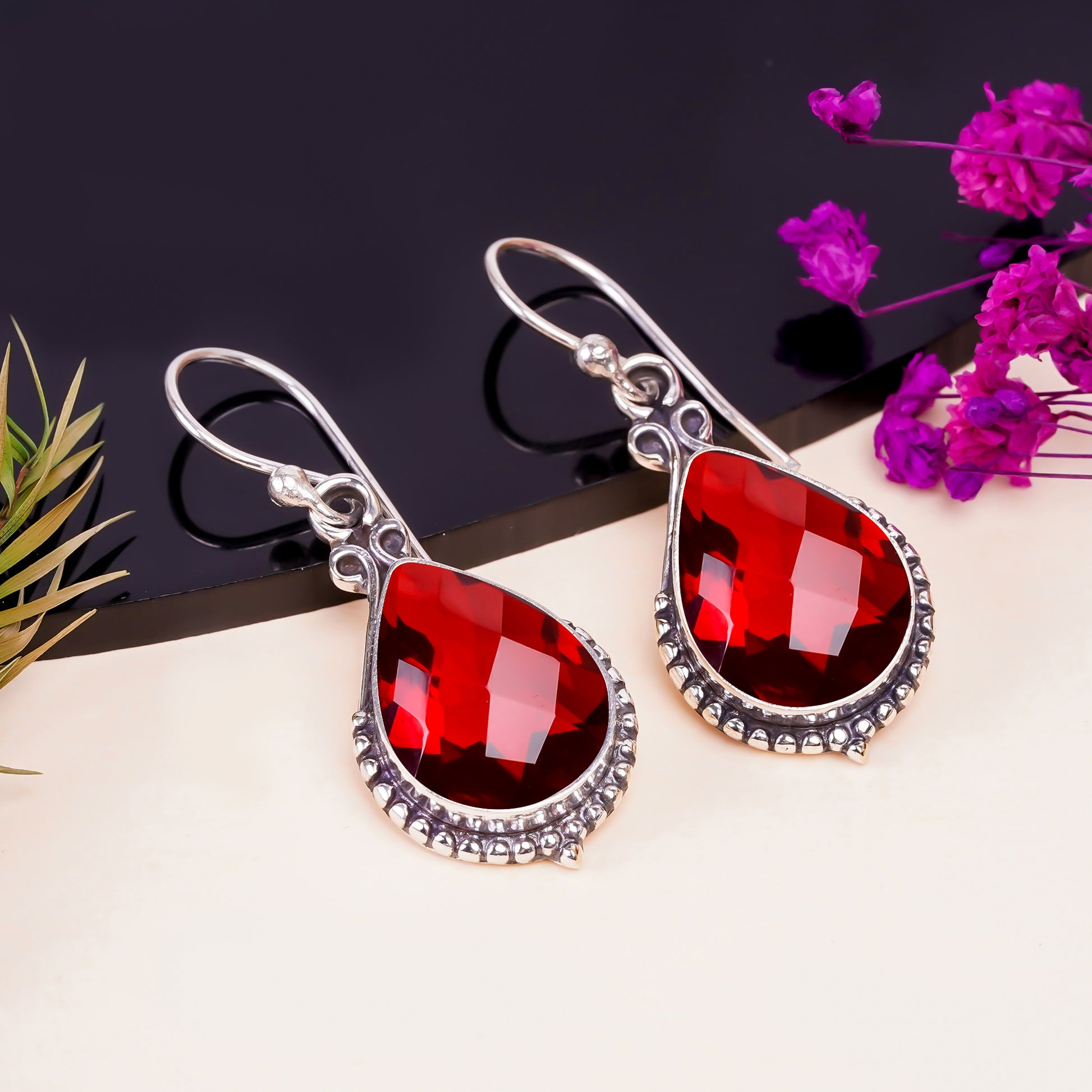 Garnet Earrings 925 Sterling Silver | Natural Red Gemstone Dangle Earrings
