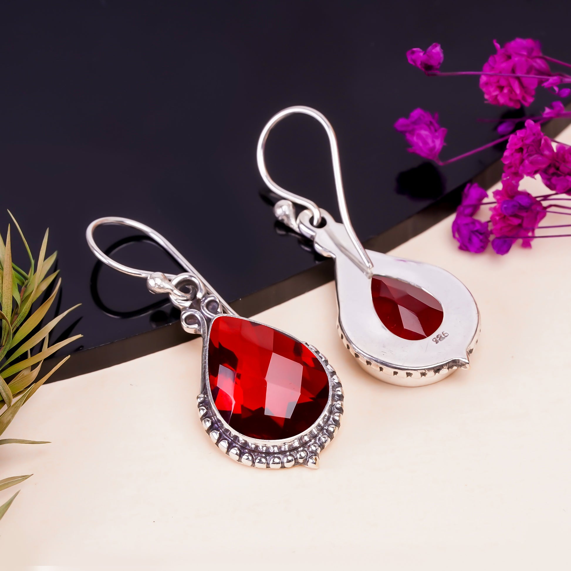 Garnet Earrings 925 Sterling Silver | Natural Red Gemstone Dangle Earrings