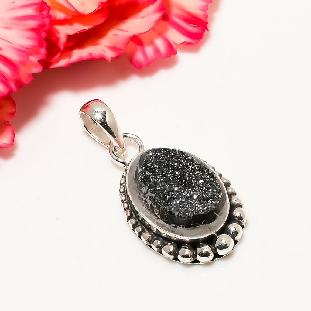 "Titanium Druzy Agate Pendant | 925 Sterling Silver Necklace"