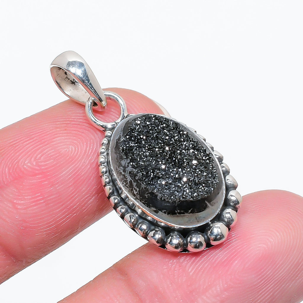 "Titanium Druzy Agate Pendant | 925 Sterling Silver Necklace"