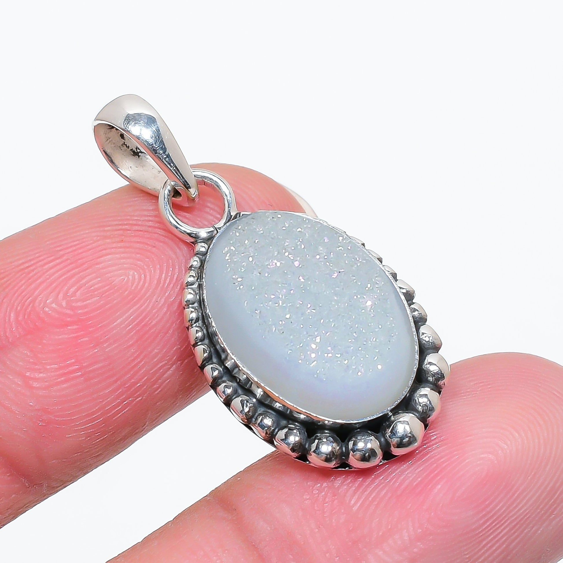 "Titanium Druzy Agate Pendant | 925 Sterling Silver Necklace"