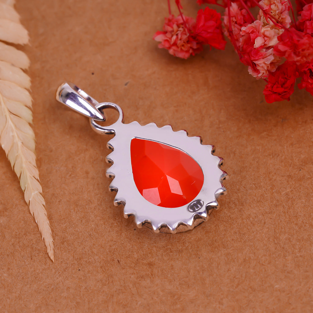 "Coral Pendant | 925 Sterling Silver | Red Gemstone Necklace"