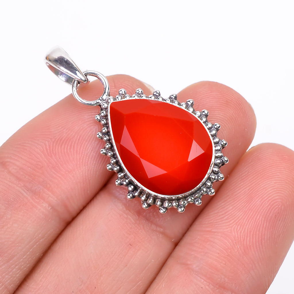 "Coral Pendant | 925 Sterling Silver | Red Gemstone Necklace"