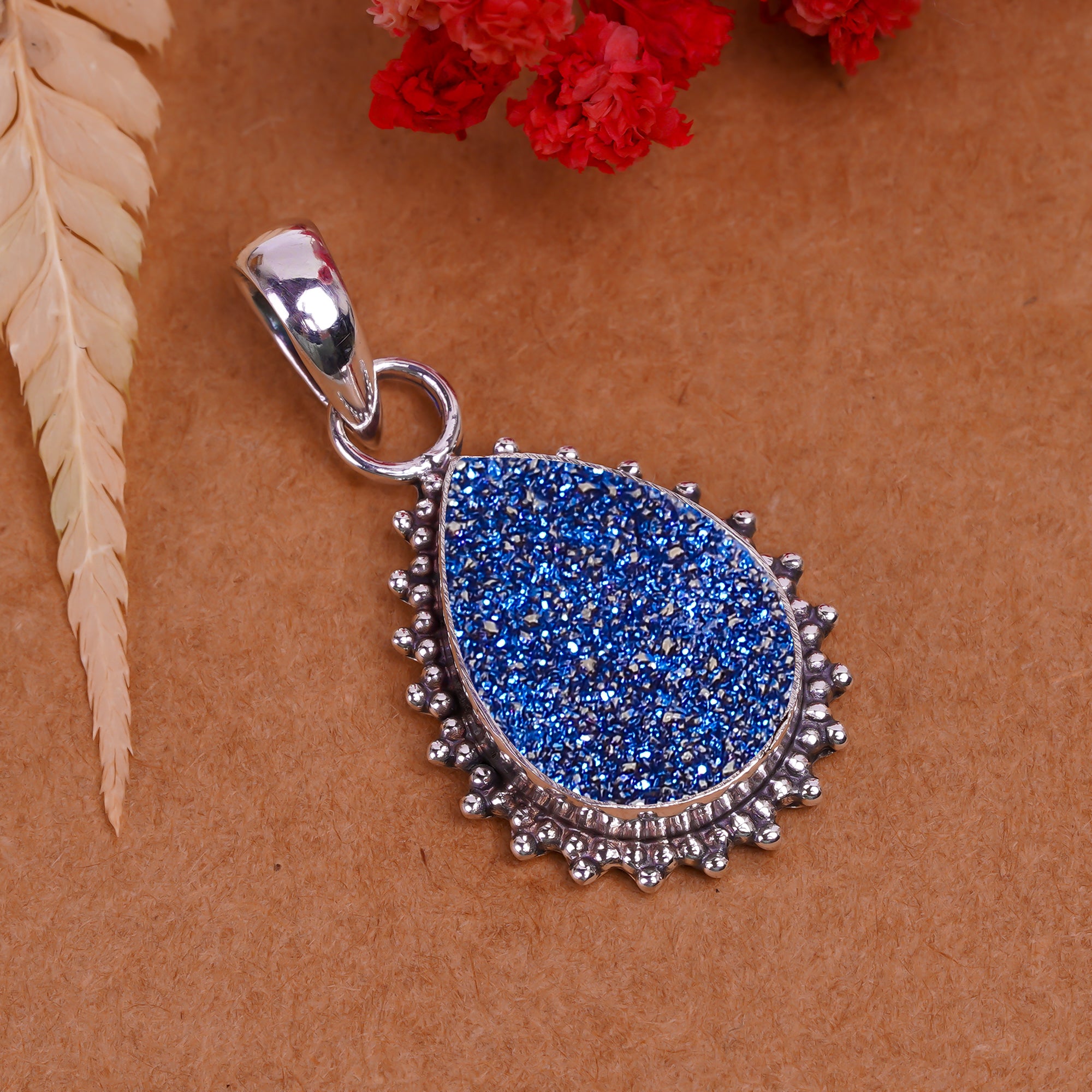 "Titanium Druzy Agate Pendant | 925 Sterling Silver | Rainbow Sparkle"